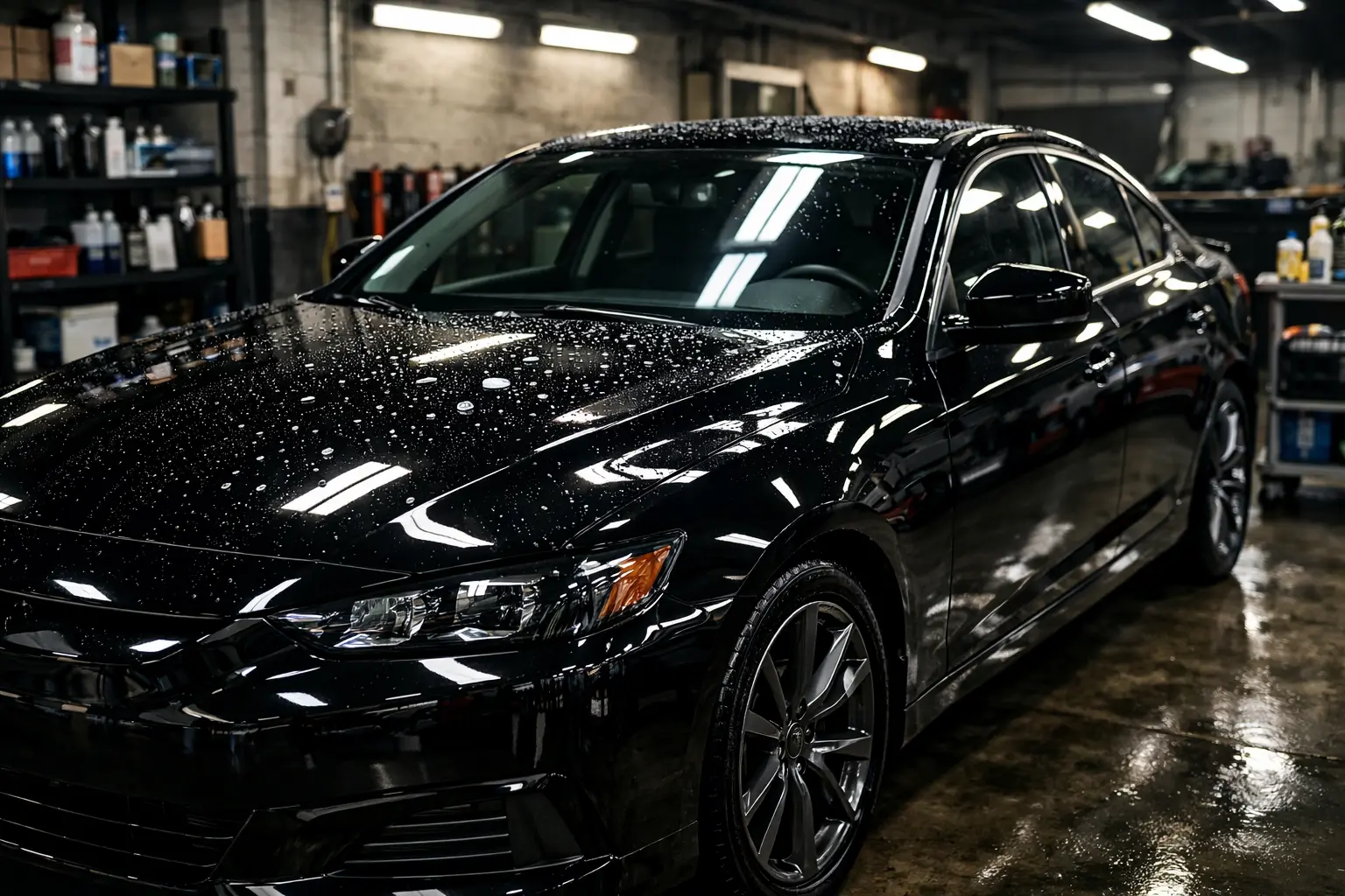 Freshly ceramic coated black vehicle with water beading, Great Gatsby Auto Spa Chicago