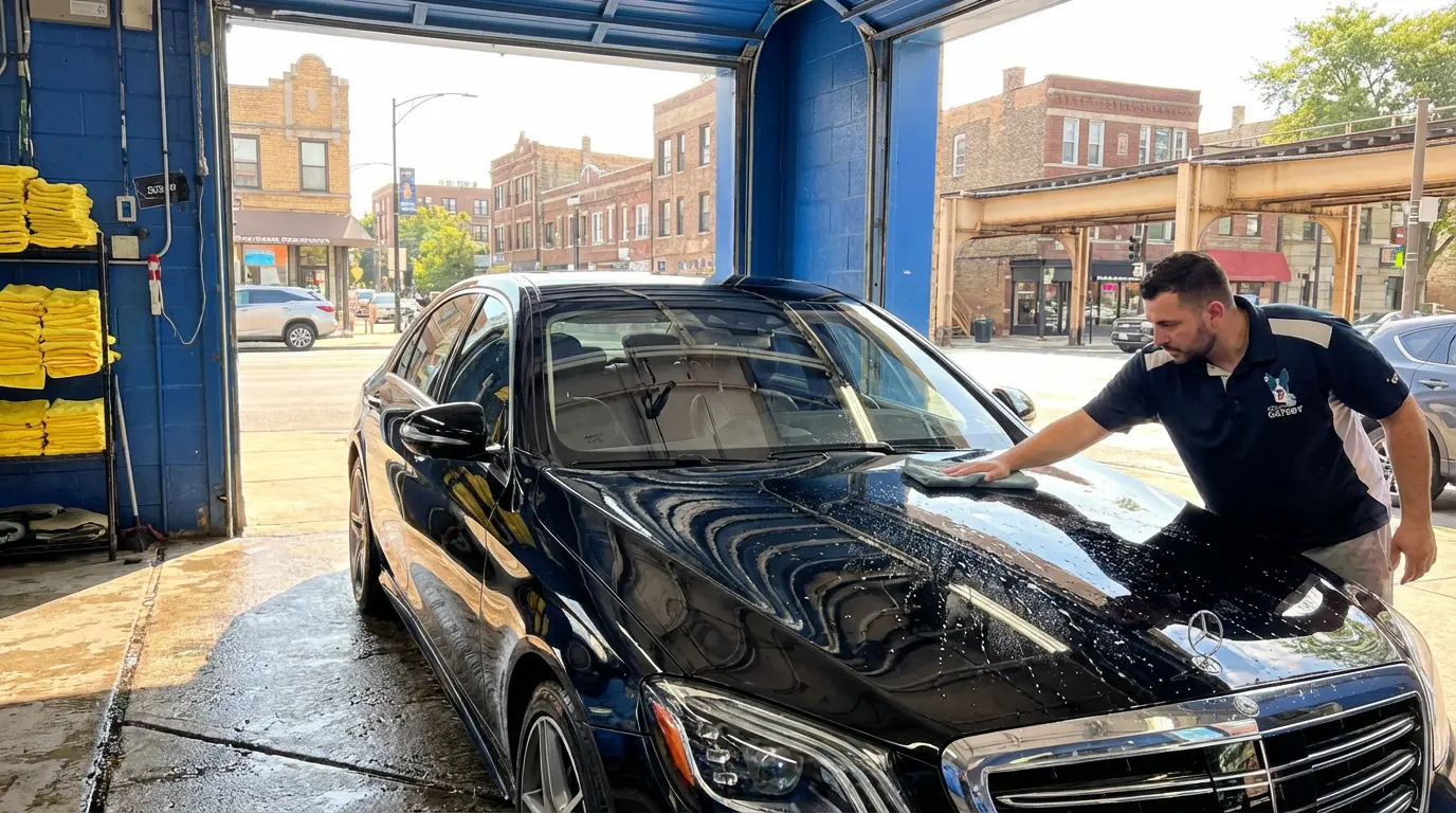 Great Gatsby Auto Spa technician hand detailing a vehicle at the Avondale shop, Chicago